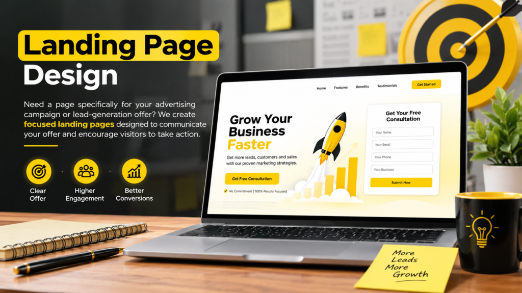 Professional landing page design for advertising campaigns and lead generation with conversion-focused website layout