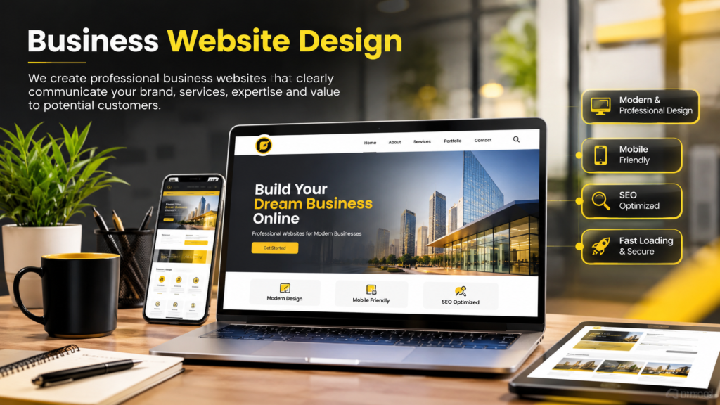 Professional business website design displayed on laptop, tablet and mobile devices