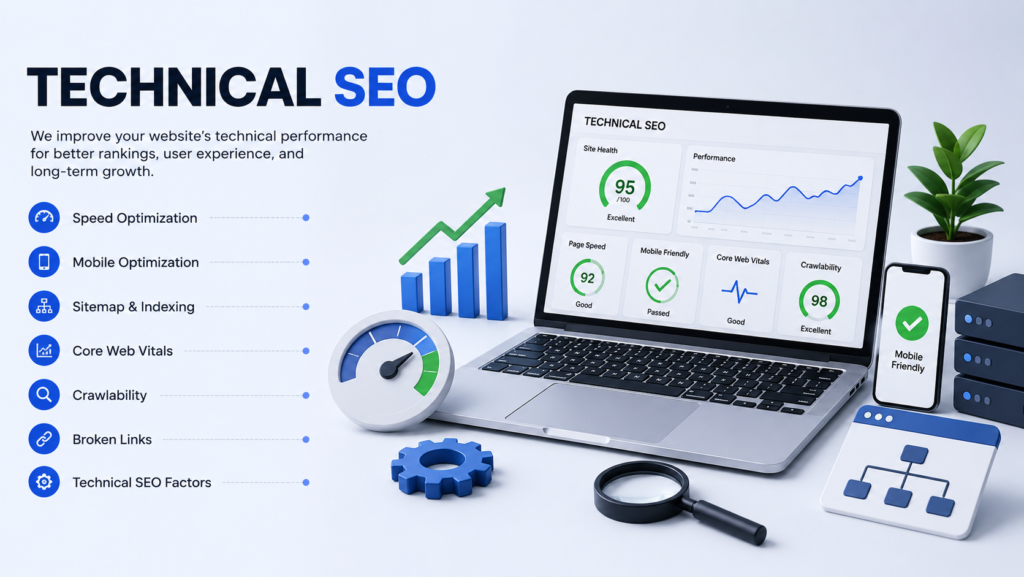 Technical SEO services in Delhi for website speed, mobile optimization, Core Web Vitals, indexing and crawlability